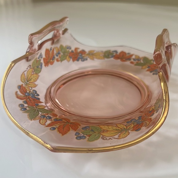 Heisey Folded Pink Autumn Design Dish with Handles - Picture 4 of 9